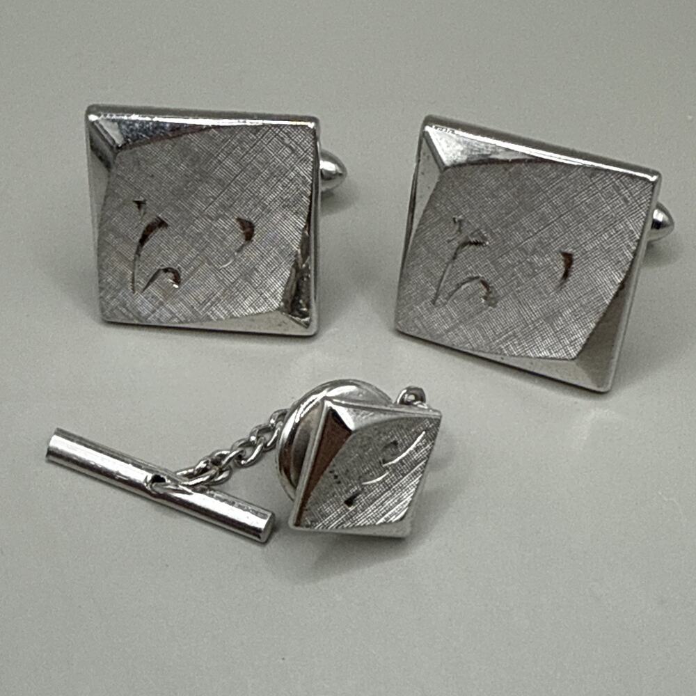 Silver tone Vintage SWANK Cuff Links Textured Etched Tie Pin Corporate Dressy